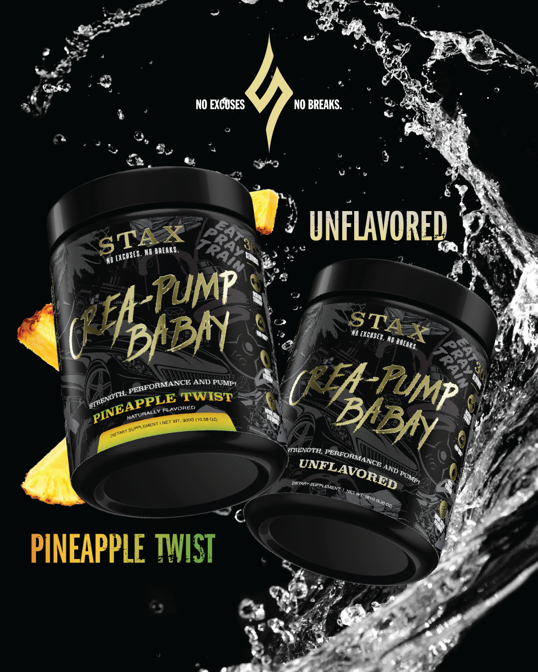 Creapump,Creatine Monohydrate Supplement, pineapple and unflavored, dynamic front view
