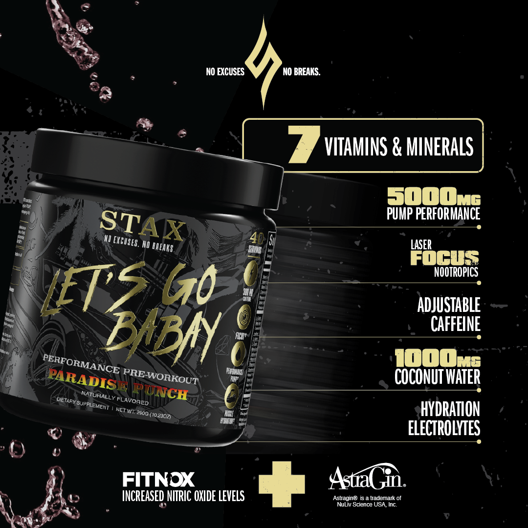 let's go babay pre-workout supplement, Paradise Punch, front view, infographic