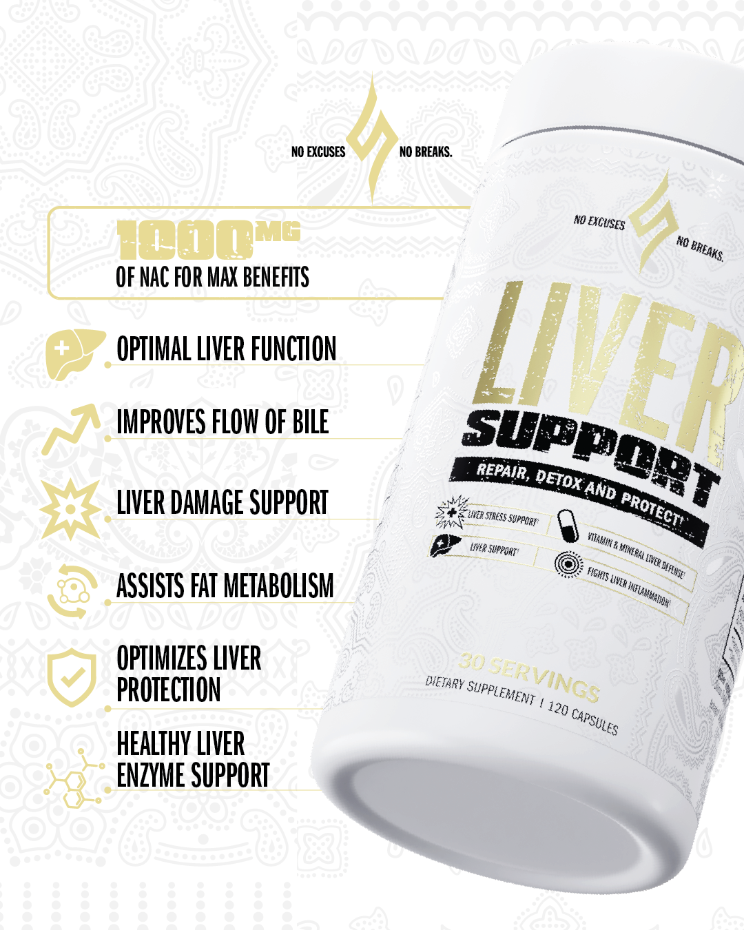 Liver Support and Detox Supplement, dynamic front view, Highlight benefits